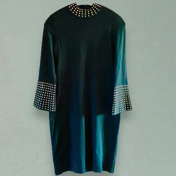 Calvin Klein | Dresses | Calvin Klein Dark Green Sweater Dress W Gold Stud  Embellished Sleevesneck Sz M | Poshmark